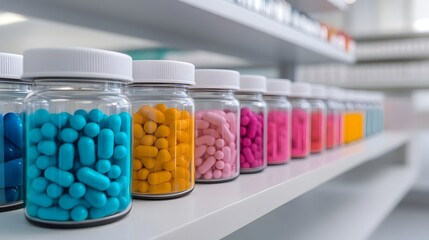 Colorful Pharmaceutical Drug Containers in a Modern Laboratory
