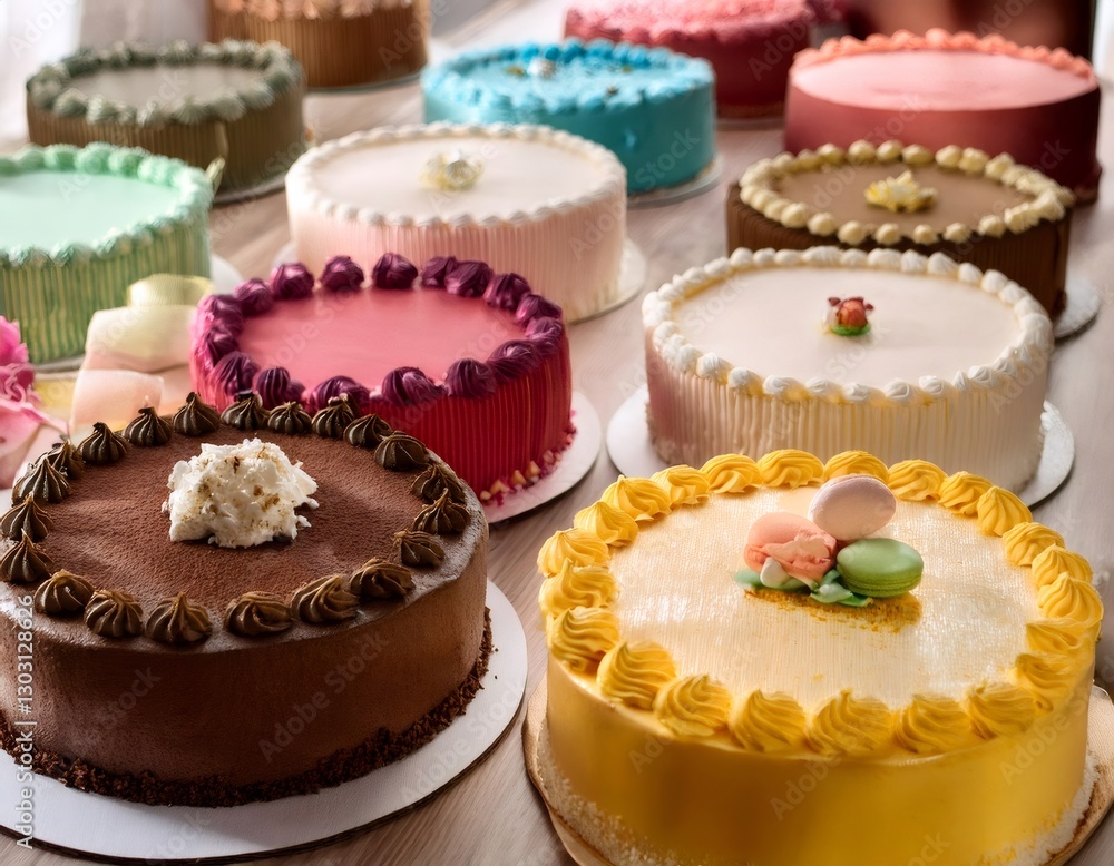 Aufkleber many different cakes are placed next to each other on a table, each cake has a different color and f