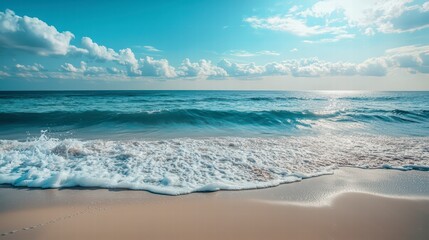 Fototapeta premium Ocean's Embrace: Captivating shot of waves gently caressing the sun-kissed shore, the endless expanse of blue and the vibrant sky above whispering tales of serenity and boundless freedom.