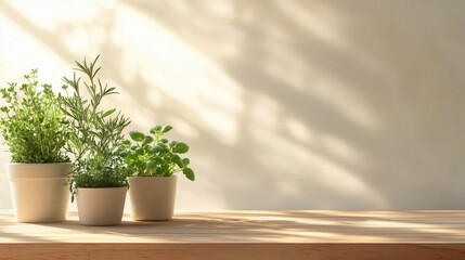 Three potted herbs on a wooden table with soft sunlight and shadows