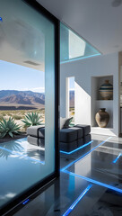 Walking barefoot across the polished basalt floors, subtle motion-activated blue light strips illuminate pathways, enhancing both function and ambiance.