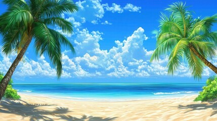Idyllic Tropical Beach Scene Palm Trees Azure Ocean and White Sand