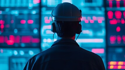 Renewable Energy Expert Monitoring Electrical Grid Performance on Digital Interface