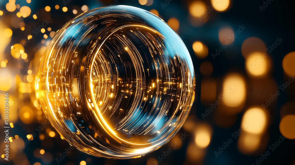 Fototapete A spherical structure pulsates with continuously shifting patterns, representing a dynamic data matrix. Surrounding elements radiate warmth and depth, enhancing the visual experience