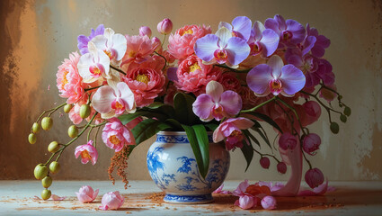 A luxurious floral arrangement featuring orchids and peonies in a vintage ceramic vase. Perfect for elegant decor, botanical prints, and artistic floral photography.

