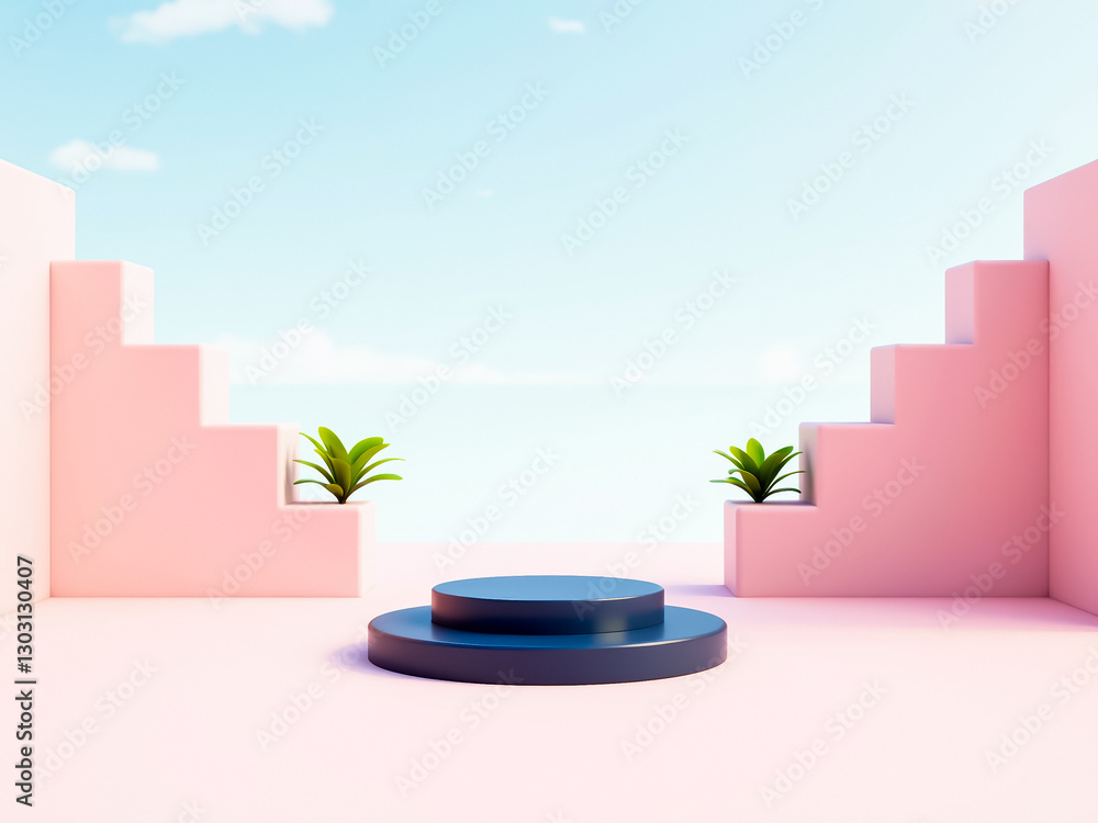 Poster minimalist product display with two-tiered circular platform