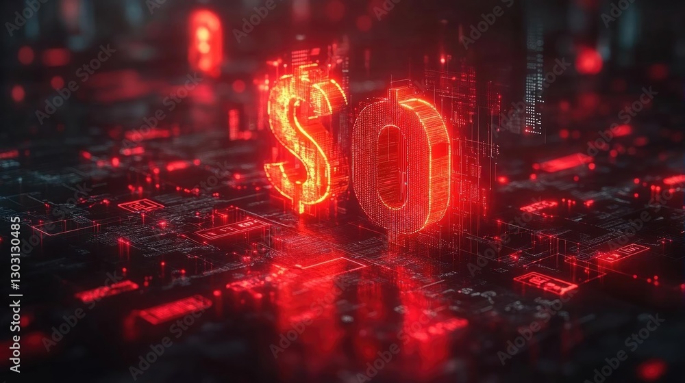Poster futuristic digital representation of currency symbol amidst a high-tech background of circuits and d