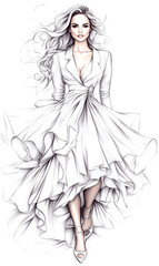 Fototapeta premium Woman in a white dress is walking down a runway. The dress is long and flowing, and the woman's hair is styled in a way that accentuates her beauty. Scene is elegant and sophisticated