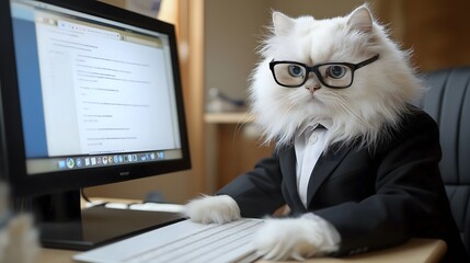 Fluffy white Persian cat dressed in a business suit working at a computer in a cozy office environment
