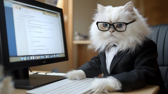 Fluffy white Persian cat dressed in a business suit working at a computer in a cozy office environment
