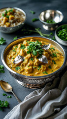 Creamy Korma in Silver Bowl Garnished with Silver Leaf and Fresh Herbs