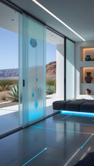 Walking barefoot across the polished basalt floors, subtle motion-activated blue light strips illuminate pathways, enhancing both function and ambiance.