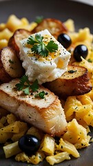 A plate of Bacalhau à Brás with crispy potatoes, shredded fish, and black olives