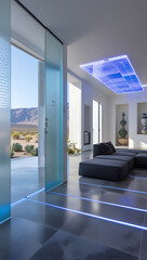 Walking barefoot across the polished basalt floors, subtle motion-activated blue light strips illuminate pathways, enhancing both function and ambiance.