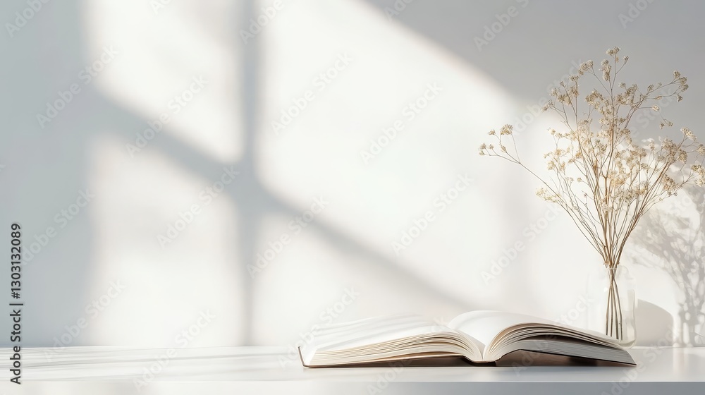 Poster open book on a white table with dried flower in a vase and soft shadows in the background