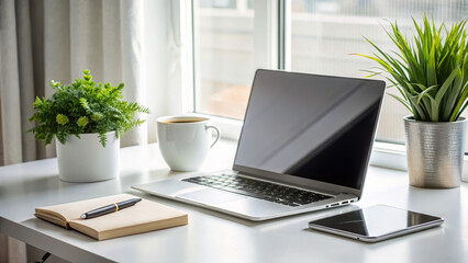 Fototapeta premium laptop and coffee, A minimalist workspace setup featuring a laptop, notebook, and pen on a sleek white desk with a potted plant in the background