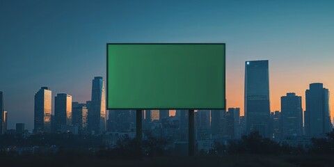 Obraz premium Urban Skyline with Blank Green Billboard Under Evening Light.
