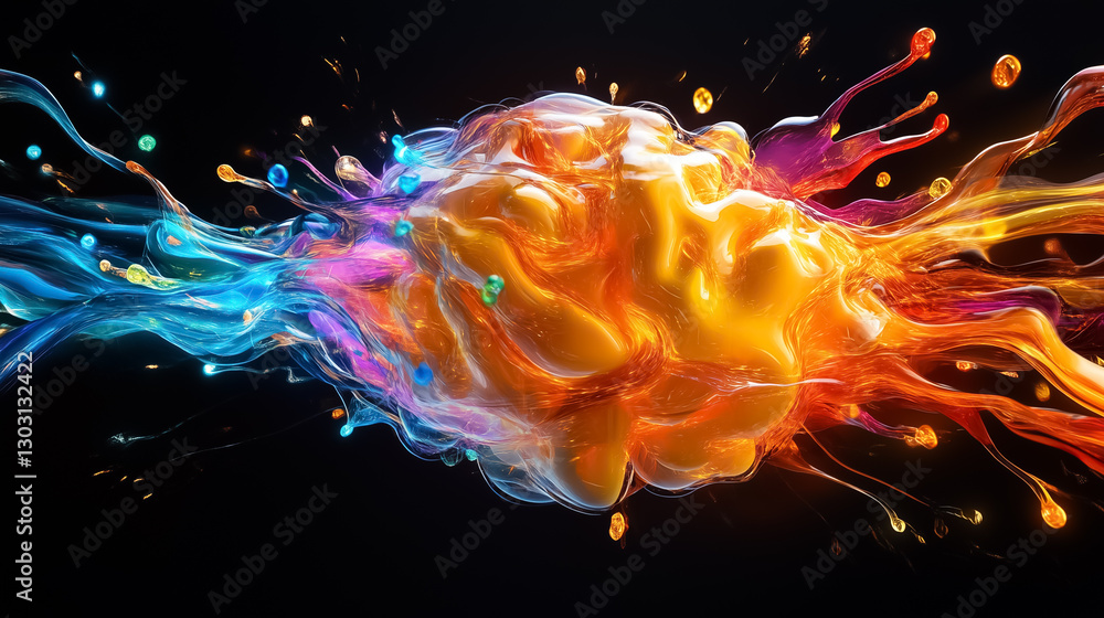 Poster vibrant data streams in various colors swirl around an abstract network resembling a brain. each mov