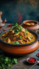 Handcrafted Pot of Layered Chicken Biryani with Saffron and Fresh Herbs