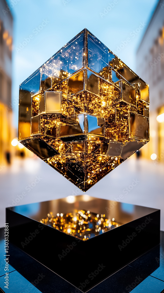 Poster a colossal cube made of countless smaller cubes hovers in a boundless void, radiating a sparkling gl