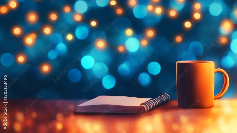 Poster cozy scene with a warm mug and open notebook on a wooden table, surrounded by soft bokeh light