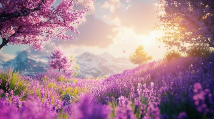 Fototapeta premium Serene Lavender Field with Blooming Trees and Mountain View