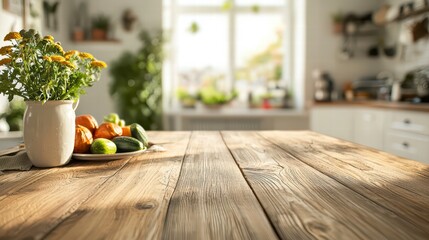 Rustic Kitchen's Warmth: A sun-drenched kitchen radiates a cozy atmosphere, with a weathered wooden table in the foreground, adorned with fresh produce and a vase of vibrant flowers.