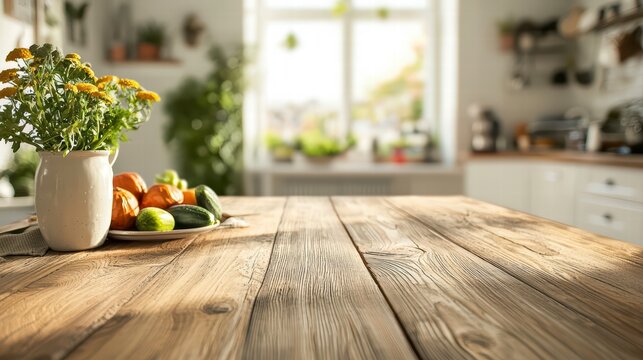 Rustic Kitchen's Warmth: A sun-drenched kitchen radiates a cozy atmosphere, with a weathered wooden table in the foreground, adorned with fresh produce and a vase of vibrant flowers.