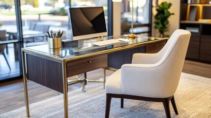 Fototapeta premium Modern office interior featuring a stylish desk and chair, with a computer and plants in the background