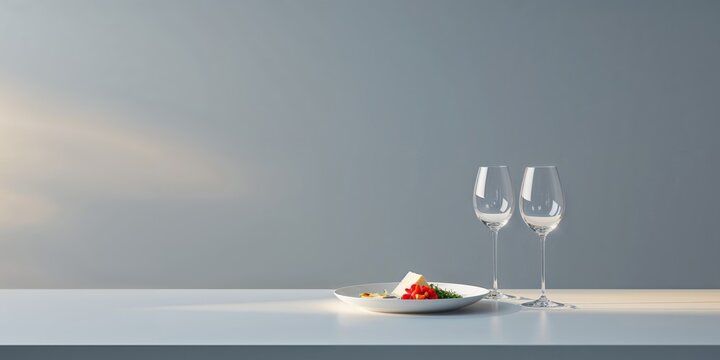 A table with a white plate of food and two wine glasses.
