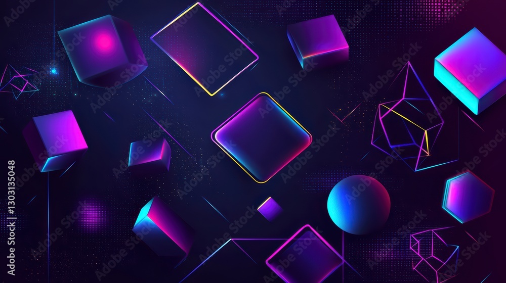 Poster abstract 3d geometric shapes: floating geometric shapes in vibrant neon color, creating a dynamic co