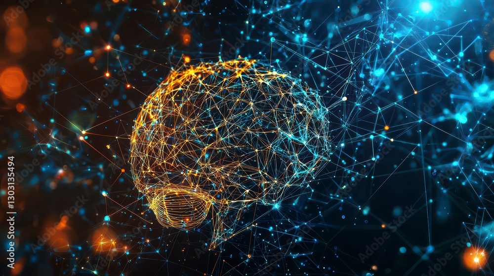 Poster brain network: a luminous, digitally-rendered brain model interwoven with intricate, glowing neural 