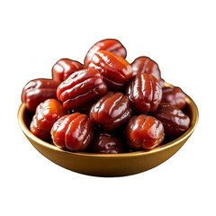Fototapeta premium Glossy dates in a wooden bowl isolated on transparent background showcasing their rich brown color and smooth texture