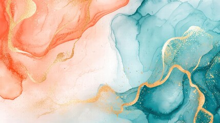 Obraz premium Fluid Harmony: Abstract art piece. Orange and teal liquid marble texture with gold veins. evoking a sense of artistic flow and luxury, an image that will enhance the sophistication of any project. 