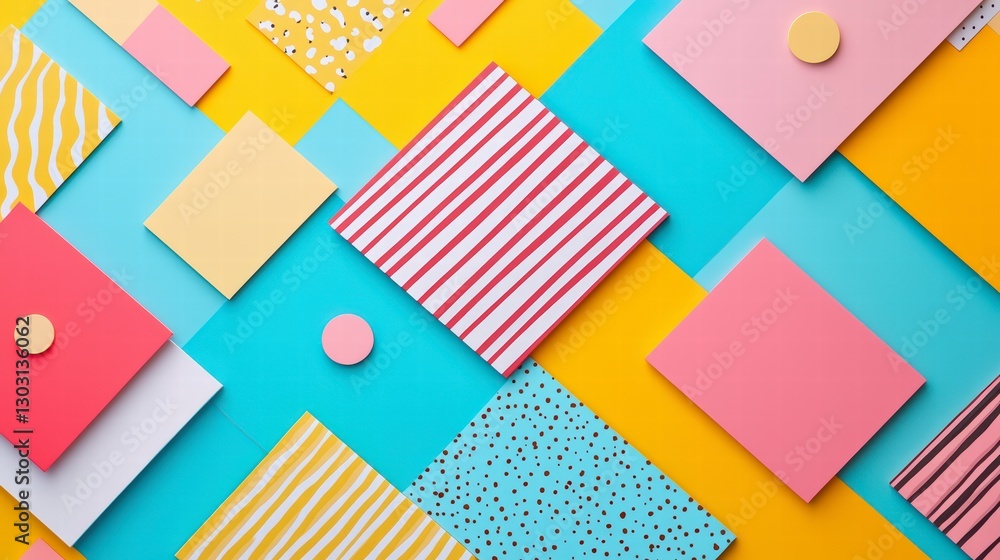 Poster abstract geometric pattern: a vibrant array of pastel and primary colored squares and rectangles, fe