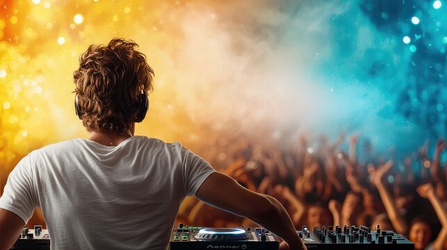 Dj performing live, energizing a lively crowd with dynamic beats and colorful lights, creating an electrifying atmosphere at a music festival