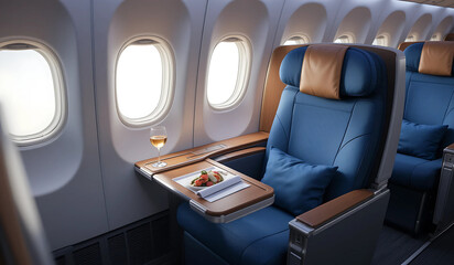 Luxurious airplane business class seat. Enjoy comfortable seating, personal tray table, and a glass of wine. Perfect for travel, luxury, and comfort concepts.