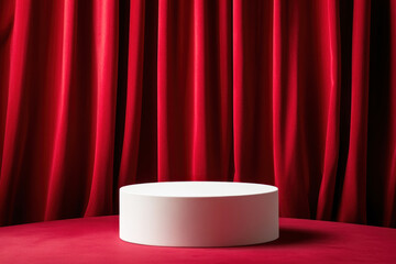 A white podium on a red carpet with a red curtain