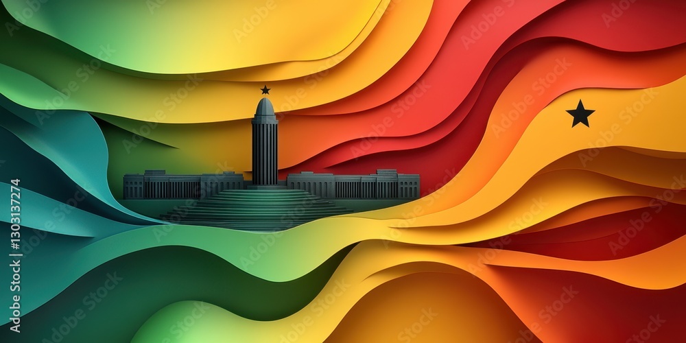 Poster vibrant abstract design of the ghanaian flag with iconic architectural elements symbolizing unity