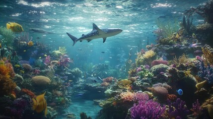Obraz premium Vibrant Coral Reef with Shark and Tropical Fish