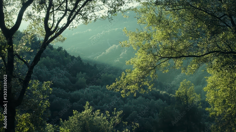 Poster sunlit canopy: a captivating image capturing the sun's rays filtering through a dense canopy of gree