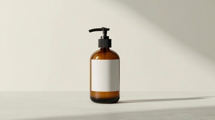 Fototapeta premium blank amber glass bottle with a black pump for a hair product, a white label on the front, a product mockup, on a light grey surface, against a white background
