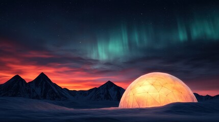 Fototapeta premium A stunning landscape featuring a glowing dome under a vibrant aurora sky, framed by majestic mountains at twilight.