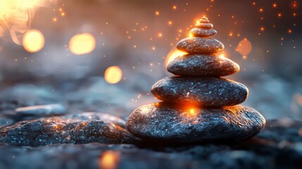 Obraz premium Stone Cairn in Serene Light: A balanced stone cairn stands as a testament to serenity, the rough-hewn stones gently illuminated by a soft, warm light that evokes peace and tranquility. 