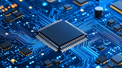 Close-up of Microchip on Blue Circuit Board Technology Background