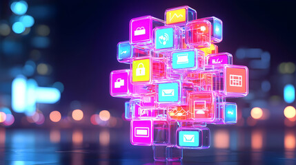 Colorful Digital Icons in 3D Structure Representing Technology Trends