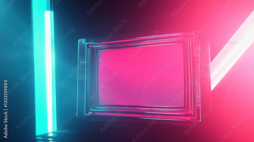 Poster neon frame in abstract space: a glowing neon frame suspended in an abstract space, showcasing a vibr