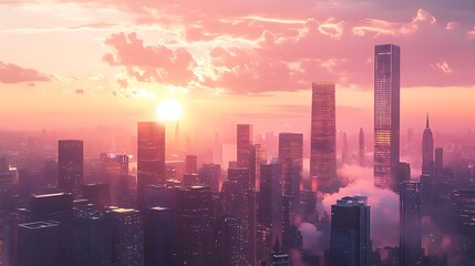 Fototapeta premium Pink Sunset Cityscape: Aerial View of Skyscrapers Bathed in Golden Hour Light