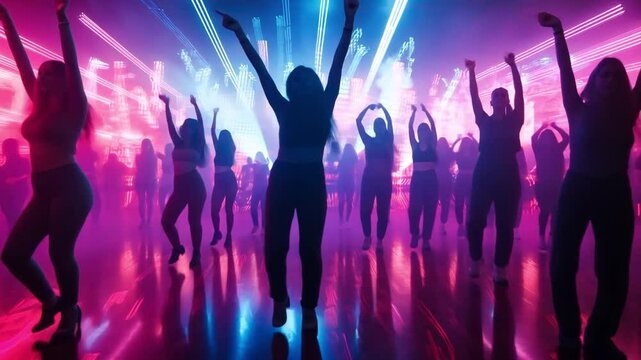 Nightlife Silhouettes: Dynamic silhouettes of people dancing exuberantly under vibrant, multicolored stage lighting at a concert or nightclub. The energy and rhythm are palpable. 