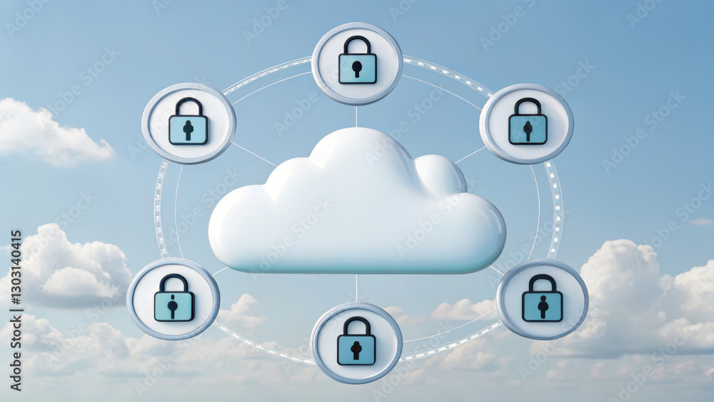 Poster cloud computing concept with security locks surrounding cloud